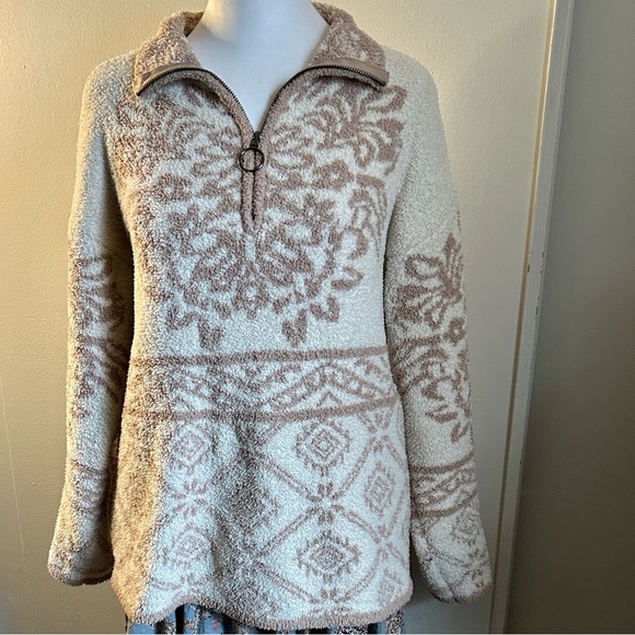 Knox Rose Cozy Fleece Ivory Taupe 1/4 Zip Damask Patterned Pullover Sweater - Picture 8 of 8